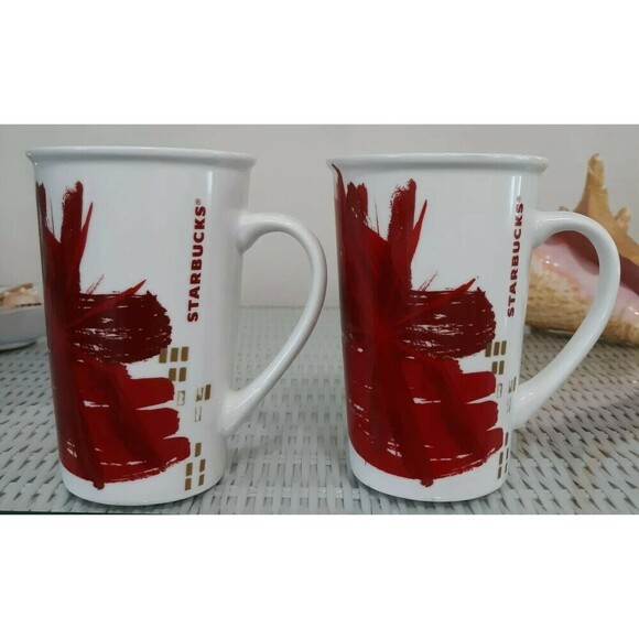 2014 Starbucks Coffee Cups Red Starburst Flower 12oz Mugs - Picture 1 of 7